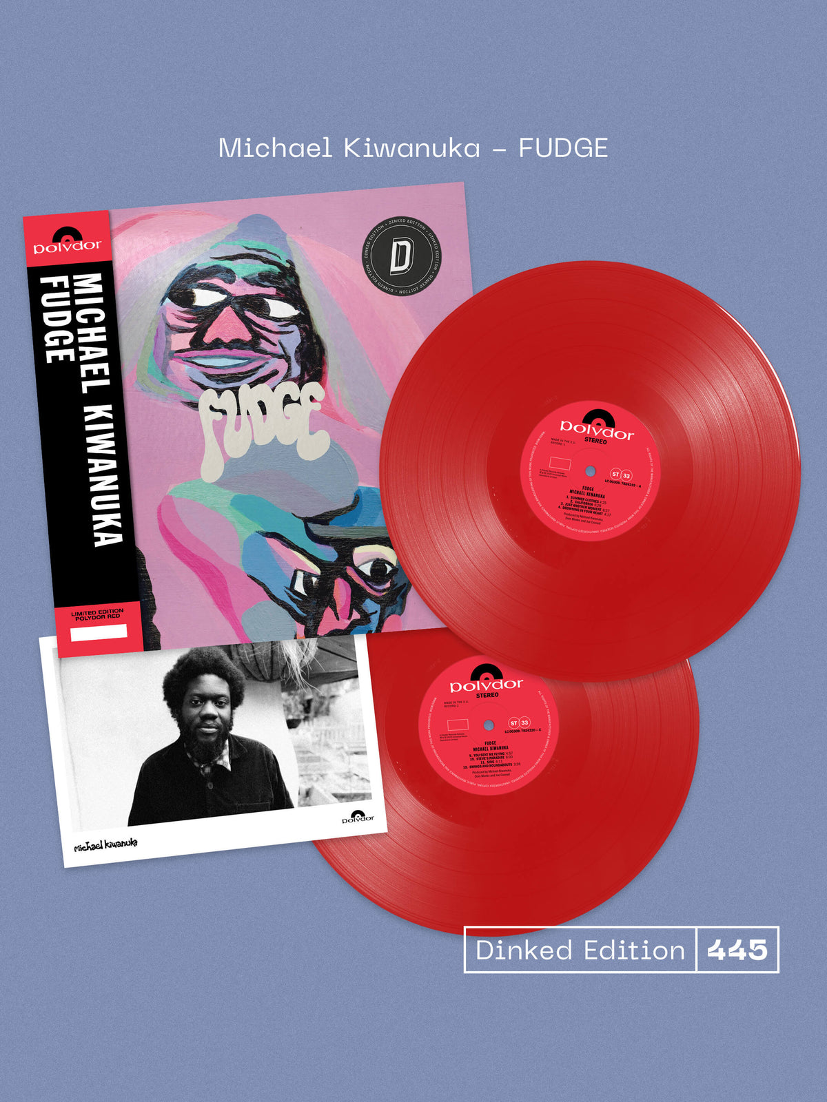 Image of Front Cover of 2xLP - NEW/NEW - MICHAEL KIWANUKA, Fudge - Dinked Edition (Polydor; 7595964, UK 2026, Insert, Double Red Vinyl / Dinked Edition 445 / Alternative Artwork / Photo Insert / Numbered Obi Strip / Limited to 1,000 / EXCLUSIVE to Dinked Edition), , Michael Kiwanuka's Fudge is a free and instinctive album shaped by spontaneity, emotion and creative joy. It was inspired in part by the late Chick Corea's encouragement to embrace what you love without worrying about what others think. Artwork 