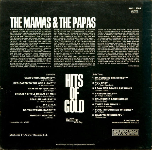 Image of Back Cover of LP - VG/VG+ - THE MAMAS & THE PAPAS, Hits Of Gold (ABC Records Black Labels; ABCL 5003, UK 1974 Reissue), Light sleeve crease. ,  - 3916196C