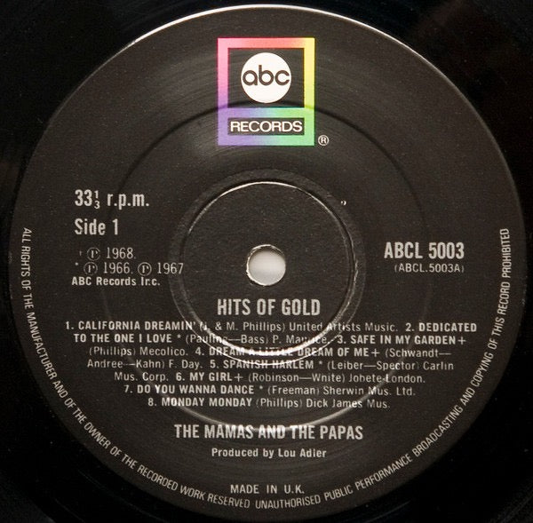 Image of Label Cover of LP - VG/VG+ - THE MAMAS & THE PAPAS, Hits Of Gold (ABC Records Black Labels; ABCL 5003, UK 1974 Reissue), Light sleeve crease. ,  - 3916196C
