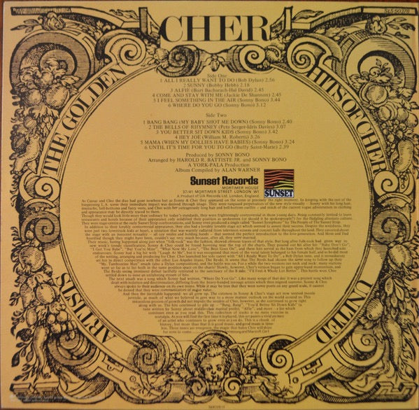 Image of Back Cover of LP - VG+/VG - CHER, The Golden Hits Of Cher (Sunset Records; SLS 50378, UK 1970s Reissue, Laminated Front Sleeve), ,  - 3916197C