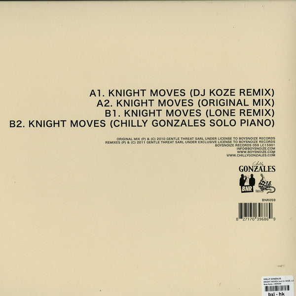 Image of Back Cover of 12" - VG+/VG+ - CHILLY GONZALES, Knight Moves (Boysnoize Records; BNR 059, Germany 2011, Picture Sleeve), , A1 Knight Moves (DJ Koze Remix)A2 Knight Moves (Original MixB1 Knight Moves (Lone Remix)B2 Knight Moves (Chilly Gonzales Solo Piano) - 3926072E
