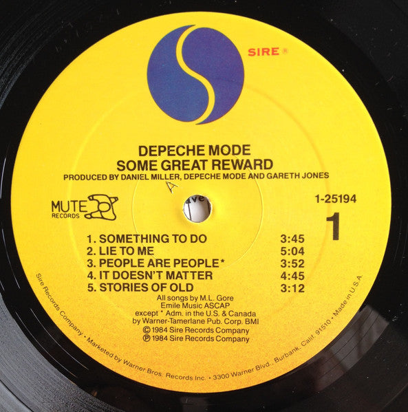 Image of Label Cover of LP - EX/VG - DEPECHE MODE, Some Great Reward (Sire ; 1-25194, US 1984, Inner, Allied Pressing), Storage Marks - Plays VG+, Inner Split,  - 3926194E