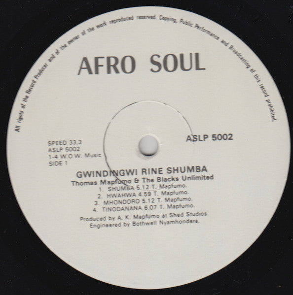 Image of Label Cover of LP - VG/VG+ - THOMAS MAPFUMO & THE BLACKS UNLIMITED, Gwindingwi Rine Shumba (Afro Soul; ASLP 5002, Zimbabwe ), Sleeve has some discolouration.,  - 3926180E