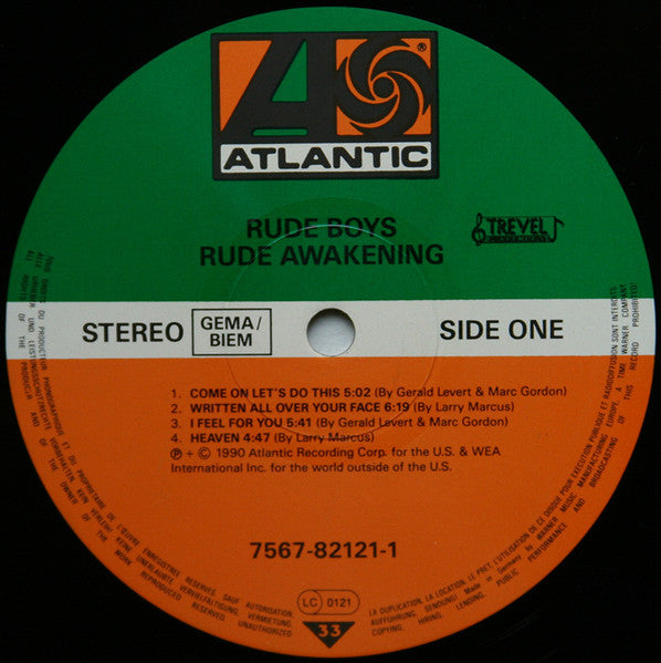 Image of Label Cover of LP - VG+/VG - RUDE BOYS, Rude Awakening (Atlantic; 7567-82121-1, Europe 1990, Inner), Light marks. Light wear to sleeve with light creasing and sticker residue.,  - 3946210S