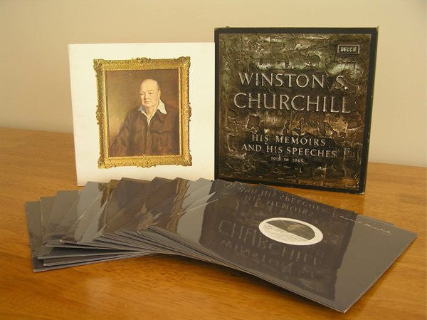 Image of Back Cover of 12xLP - G+/VG+ - WINSTON CHURCHILL, His Memoirs And His Speeches (1918 - 1945) (Decca; WSC 1-12, UK 1964, Metal Embossed Box Set, No Booklet, Unusual Item - Please Enquire about Postage), Vinyl is in fine overall shape though one lp has very light fogging and two others are slightly dished. Box ais intact but worn.,  - 3916246C