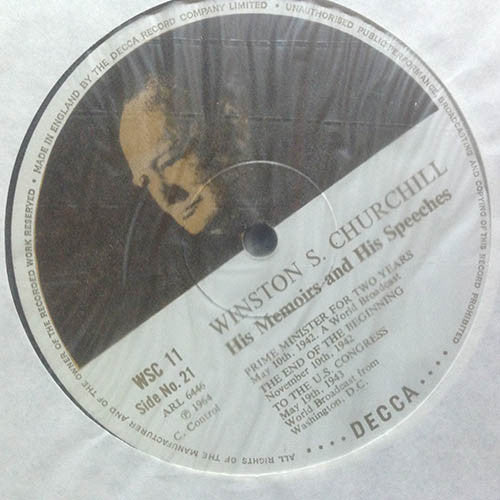 Image of Label Cover of 12xLP - G+/VG+ - WINSTON CHURCHILL, His Memoirs And His Speeches (1918 - 1945) (Decca; WSC 1-12, UK 1964, Metal Embossed Box Set, No Booklet, Unusual Item - Please Enquire about Postage), Vinyl is in fine overall shape though one lp has very light fogging and two others are slightly dished. Box ais intact but worn.,  - 3916246C