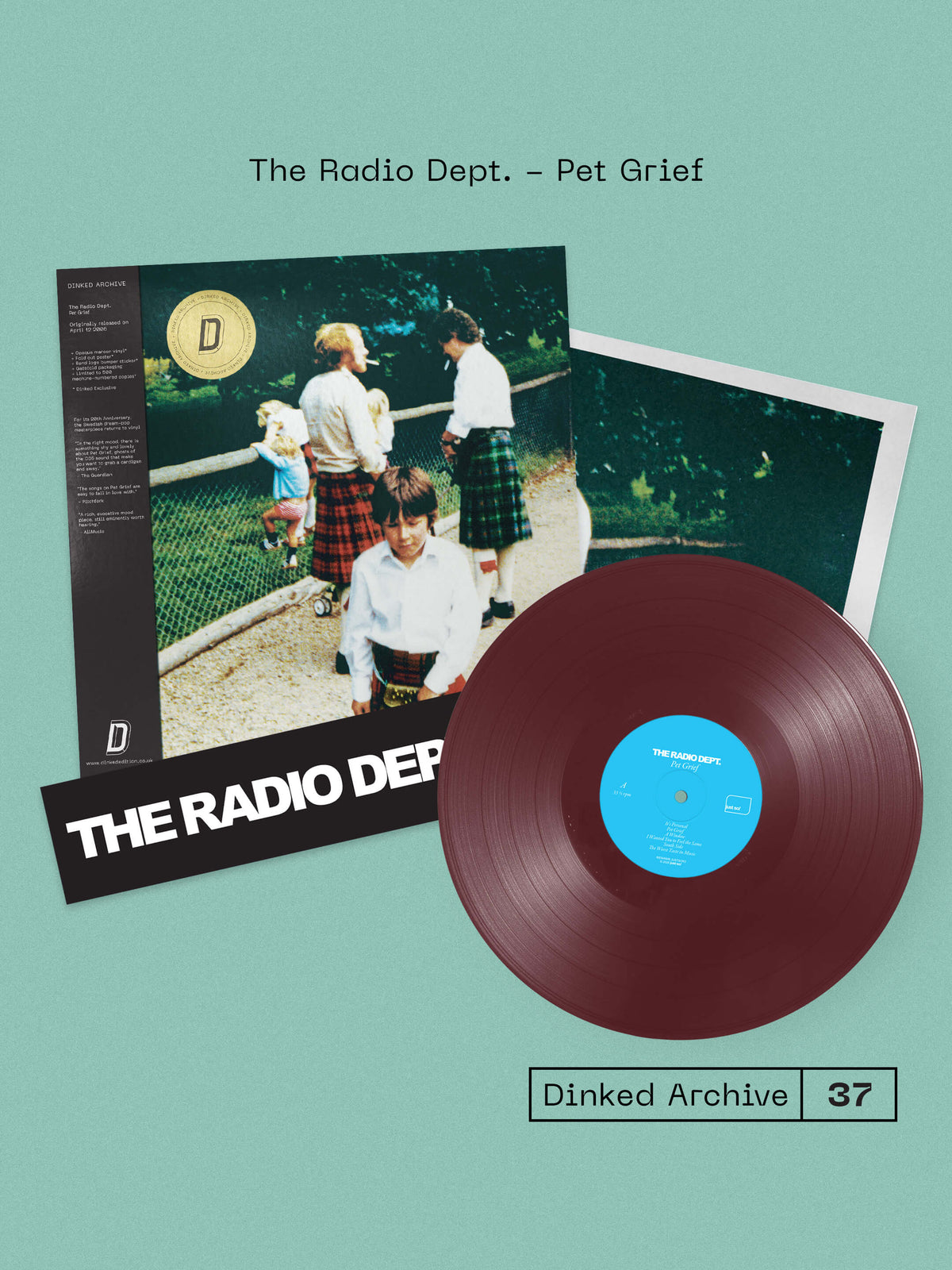 Image of Front Cover of LP - NEW/NEW - THE RADIO DEPT., Pet Grief (20th Anniversary Edition) (Just So!; JUSTSO003lp-C3, UK 2026, Gatefold, Stickers, Dinked Archive Edition No.37. Opaque maroon vinyl, alternate package with fold-out 60 x 46 cm poster, band logo bumper sticker, obi strip, gold foil sticker, gatefold sleeve. Machine-numbered pressing of 500.), , 20th anniversary reissue of The Radio Dept.’s second album, originally released in 2006. A cleaner, more restrained counterpart to Lesser Matters, Pet