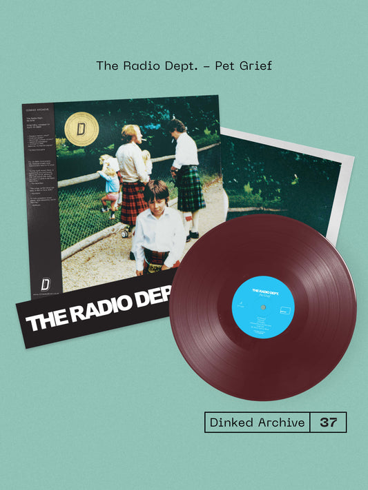 Image of Front Cover of LP - NEW/NEW - THE RADIO DEPT., Pet Grief (20th Anniversary Edition) (Just So!; JUSTSO003lp-C3, UK 2026, Gatefold, Stickers, Dinked Archive Edition No.37. Opaque maroon vinyl, alternate package with fold-out 60 x 46 cm poster, band logo bumper sticker, obi strip, gold foil sticker, gatefold sleeve. Machine-numbered pressing of 500.), , 20th anniversary reissue of The Radio Dept.’s second album, originally released in 2006. A cleaner, more restrained counterpart to Lesser Matters, Pet