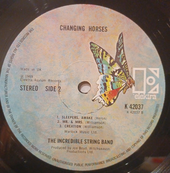 Image of Label Cover of LP - VG+/VG - THE INCREDIBLE STRING BAND, Changing Horses (Elektra Butterfly Labels With Made In UK On Labels; K 42037, UK 1970s Reissue), Just a few wispy marks,  - 3916201C