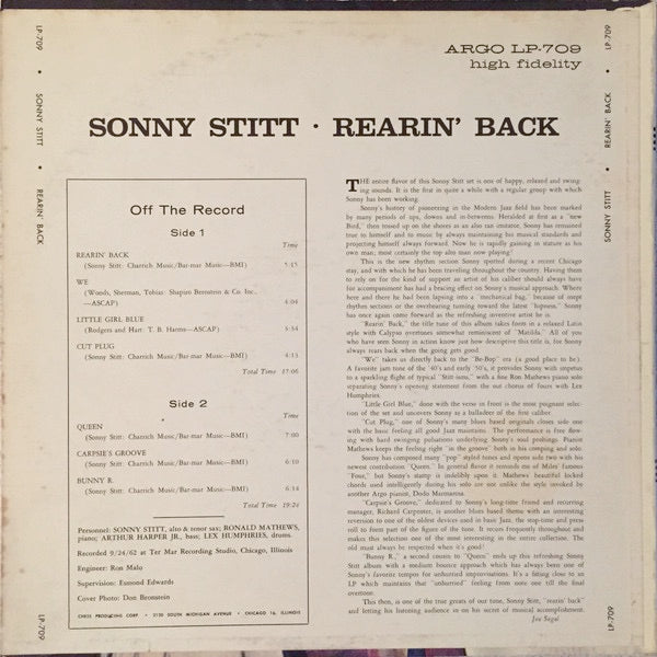 Image of Back Cover of LP - VG/VG - SONNY STITT, Rearin' Back (Argo; LP709, US 1962, Pasteback Sleeve, Company Inner), Edge wear!,  - 3916267C