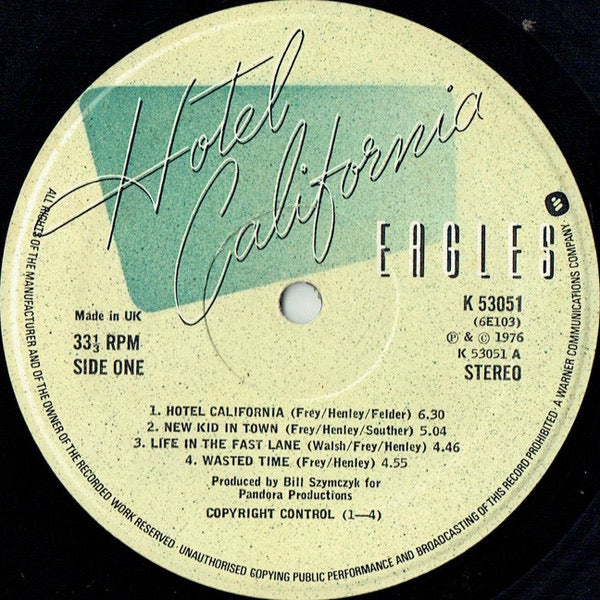 Image of Label Cover of LP - G+/G - EAGLES, Hotel California (Asylum Records Custom Labels With Made In UK; K53051, UK 1978 Reissue, Gatefold, Inner, EG Matrices), Heavy edge wear, Lots of marks,  - 3916206C