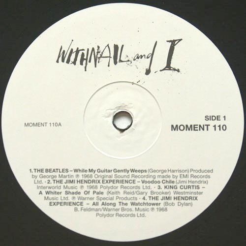 Image of Label Cover of LP - VG/G+ - VARIOUS, Withnail and I - Original Soundtrack Recording (Filmtrax; MOMENT110, UK 1987), Hairlines all over disc, scuffing and a couple small feelable marks.Sleeve lightly creased, light edge wear.,  - 3426210E