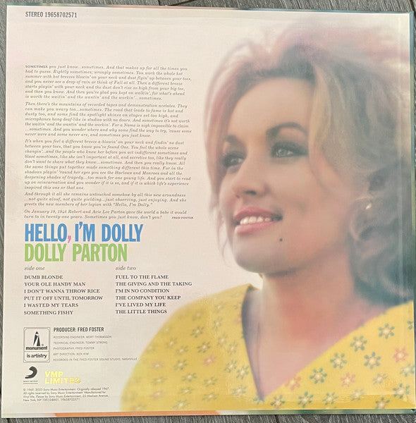 Image of Back Cover of LP - VG+/VG+ - DOLLY PARTON, Hello, I'm Dolly (Monument; 19658702571, US 2023 Reissue, Glossy Pasteback Sleeve, Stickered Outer Plastic Sleeve, Obi Strip, Limited Edition, Remastered, Orange (Flame Galaxy) Vinyl), Lovely clean copy.,  - 3946302S