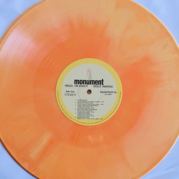 Image of Label Cover of LP - VG+/VG+ - DOLLY PARTON, Hello, I'm Dolly (Monument; 19658702571, US 2023 Reissue, Glossy Pasteback Sleeve, Stickered Outer Plastic Sleeve, Obi Strip, Limited Edition, Remastered, Orange (Flame Galaxy) Vinyl), Lovely clean copy.,  - 3946302S