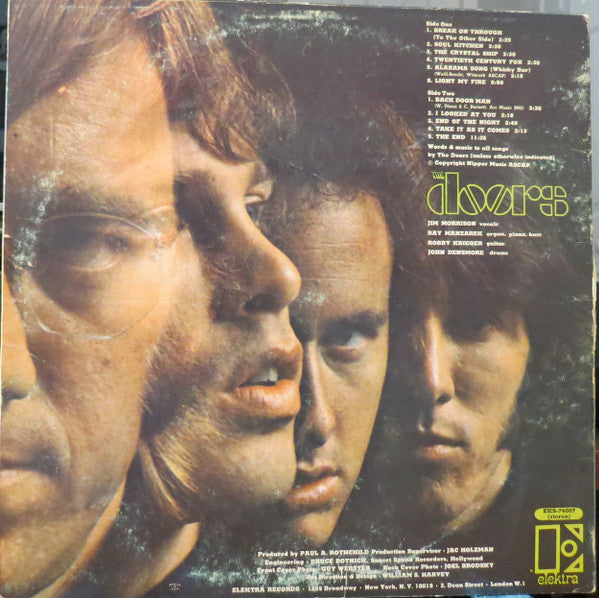 Image of Back Cover of LP - G+/G+ - THE DOORS, The Doors (Elektra Gold; EKS74007, US 1967, Stereo, Santa Maria Presssing, (Weill-Brecht. Harms Co. ASCAP)" publishing credit on Side One label below Alabama Song (Whiskey Bar).), Company Inner, Edge and Ring Wear,  - 3926146E