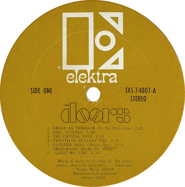 Image of Label Cover of LP - G+/G+ - THE DOORS, The Doors (Elektra Gold; EKS74007, US 1967, Stereo, Santa Maria Presssing, (Weill-Brecht. Harms Co. ASCAP)" publishing credit on Side One label below Alabama Song (Whiskey Bar).), Company Inner, Edge and Ring Wear,  - 3926146E