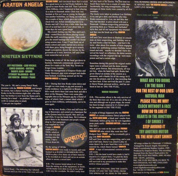 Image of Back Cover of 12" - VG+/G+ - KRAYON ANGELS, Nineteen Sixtynine (Dig The Fuzz Records; DIG 041, UK 2000, Black Die Cut Inner, Originally Recorded 1969), Odd manufacture surface marks,  - 3916210C