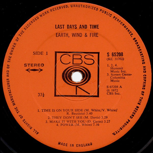 Image of Label Cover of LP - VG/VG - EARTH, WIND & FIRE, Last Days And Time (CBS; 65208, UK 1972, Gatefold), Edge wear.,  - 3916295C