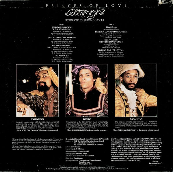Image of Back Cover of LP - VG/VG - MIRAGE, Princes Of Love (RCA; APL1-2777, US 1978), Ring and egde wear to sleeve.,  - 3916296C