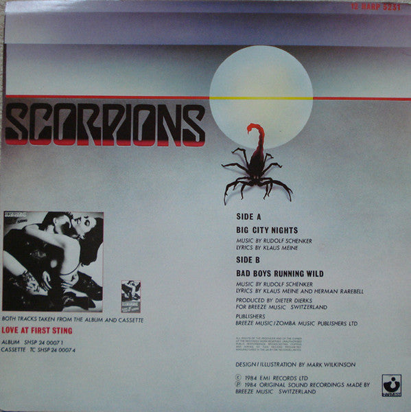 Image of Back Cover of 12" - VG/VG+ - SCORPIONS, Big City Nights / Bad Boys Running Wild (Harvest; 12 HARP 5231, UK 1984, Die Cut Sleeve), ,  - 3926159E