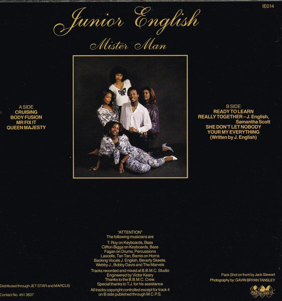 Image of Back Cover of LP - G+/G+ - JUNIOR ENGLISH, Mister Man (International English; IE014, UK 1990), Pressed off centre on side two and affects play slightly. Also a deeper mark on that side clicks. Sleeve worn and damaged at edges and corners; rips from opening,  - 3916264C