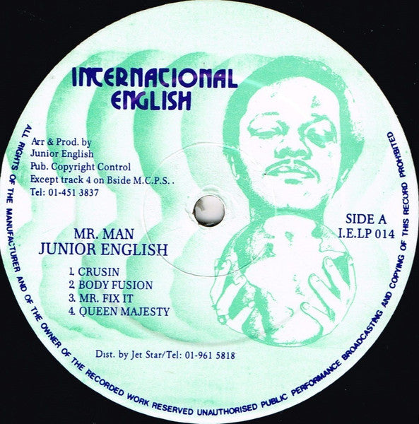 Image of Label Cover of LP - G+/G+ - JUNIOR ENGLISH, Mister Man (International English; IE014, UK 1990), Pressed off centre on side two and affects play slightly. Also a deeper mark on that side clicks. Sleeve worn and damaged at edges and corners; rips from opening,  - 3916264C
