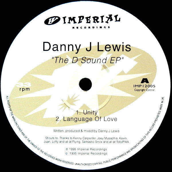 Image of Front Cover of 12" - /G+ - DANNY J LEWIS, The D Sound EP (Imperial Recordings; IMP 12005, UK 1995), Strong G+ with some superficial marks, plays VG/VG+,  - 3946328S