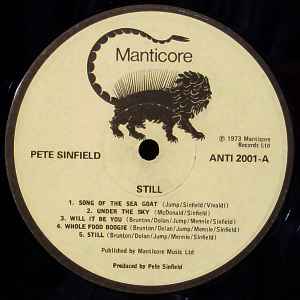 Image of Label Cover of LP - G+/VG - PETE SINFIELD, Still (Manticore; ANTI 2001, UK 1973, Pink Textured Gatefold with Pasted On Prints, "Made In England" at bottom of label), Strong VG - light marks, edge & ring wear, sticker damage, grubby marks, spine faded,  - 3946242S