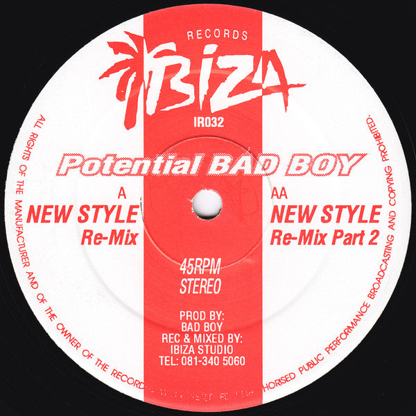 Image of Front Cover of 12" - /VG - POTENTIAL BAD BOY, New Style (Re-Mixes) (Ibiza Records; IR032, UK 1993), Strong VG, plays VG+,  - 3446331S