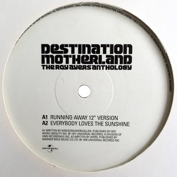 Image of Back Cover of 4244065S: 12" - ROY AYERS, Destination Motherland | The Roy Ayers Anthology | Limited Edition Album Sampler (Universal Records; ROYSAMP 1, UK 2002, Promo Only, Stickered Plain Sleeve)   VG/VG+