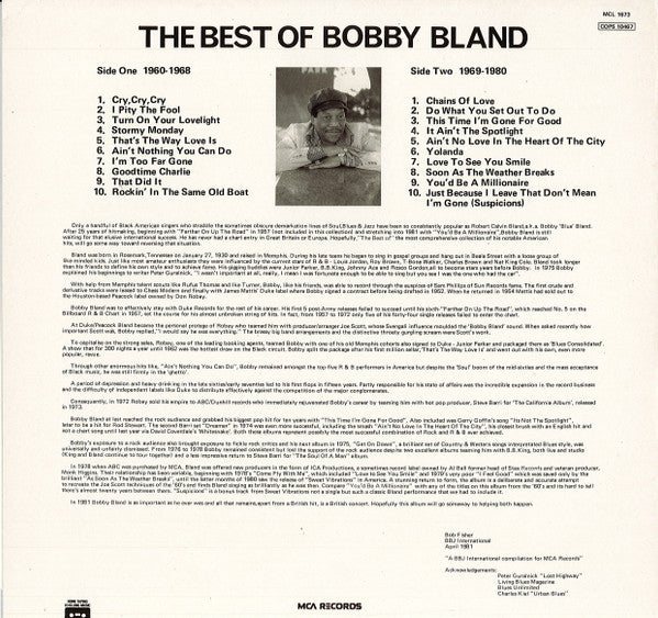 Image of Back Cover of LP - VG/G+ - BOBBY BLAND, The Best Of Bobby Bland (MCA Records; MCL 1673, UK 1982), Ripped sticker on front of sleeve,  - 3916304C