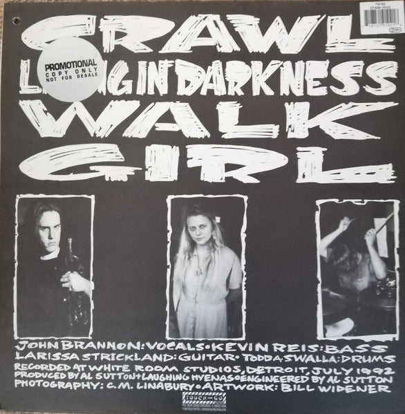 Image of Back Cover of 12" EP - VG+/VG+ - LAUGHING HYENAS, Crawl (Touch And Go; TG102, UK & Europe 1992, Picture Sleeve), Clean copy, Hole punch to upper right corner and promo sticker on rear sleeve,  - 3916333C