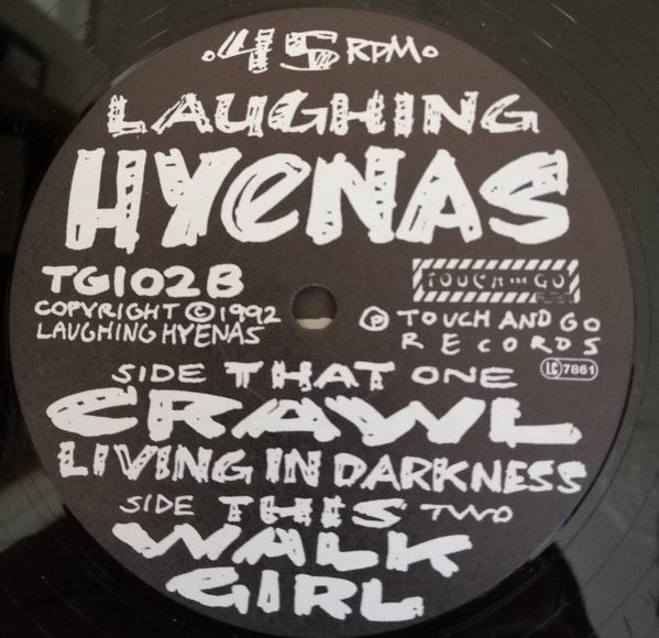 Image of Label Cover of 12" EP - VG+/VG+ - LAUGHING HYENAS, Crawl (Touch And Go; TG102, UK & Europe 1992, Picture Sleeve), Clean copy, Hole punch to upper right corner and promo sticker on rear sleeve,  - 3916333C