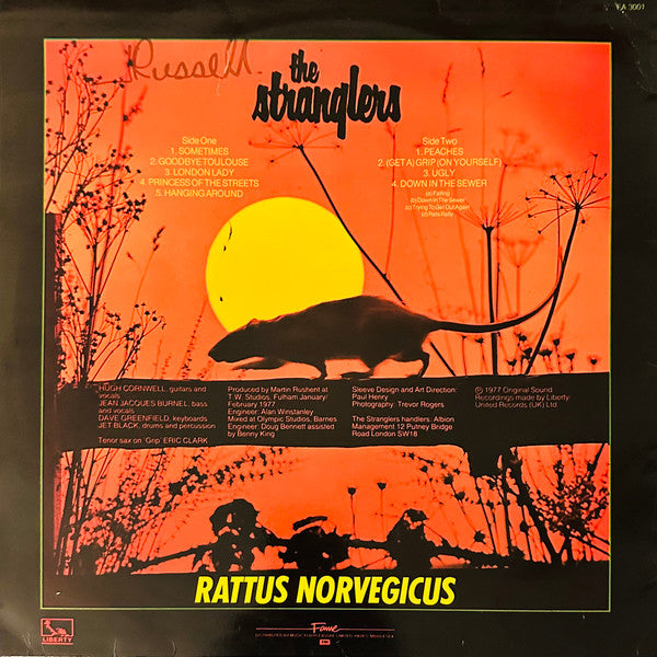 Image of Back Cover of LP - VG/VG - THE STRANGLERS, Stranglers IV (Rattus Norvegicus) (Fame; FA 3001, UK 1982 Reissue, Fame reissue ), A few light hairlines. Sleeve a bit misshapen and some of the original shrinkwrap has left residue on the sleeve.,  - 3926305E