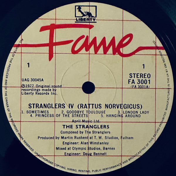 Image of Label Cover of LP - VG/VG - THE STRANGLERS, Stranglers IV (Rattus Norvegicus) (Fame; FA 3001, UK 1982 Reissue, Fame reissue ), A few light hairlines. Sleeve a bit misshapen and some of the original shrinkwrap has left residue on the sleeve.,  - 3926305E