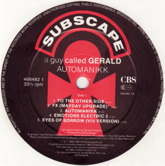 Image of Label Cover of LP - VG/G+ - A GUY CALLED GERALD, Automanikk (CBS; 466482 1, UK 1990), Marks on either side of disc.,  - 0946179S