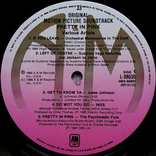 Image of Label Cover of LP - VG/VG - VARIOUS, Pretty In Pink (Original Motion Picture Soundtrack) (A&M Records; L 38535, Australia & New Zealand 1986, Original OZ/NZ pressing), Light hairlines. Sleeve has crease and a little ringwear. ,  - 3926316E