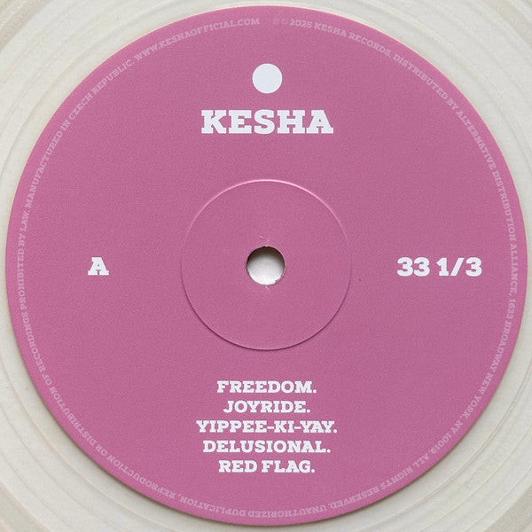 Image of Label Cover of LP - VG/VG+ - KESHA, . (Kesha Records; 5021732457226, USA & Europe 2025, Hype Stickered Sleeve, 2 Inners & Inner, Clear Vinyl, Signed Insert), Seam split to inner and top edge of sleeve. Signed insert.,  - 3946362S