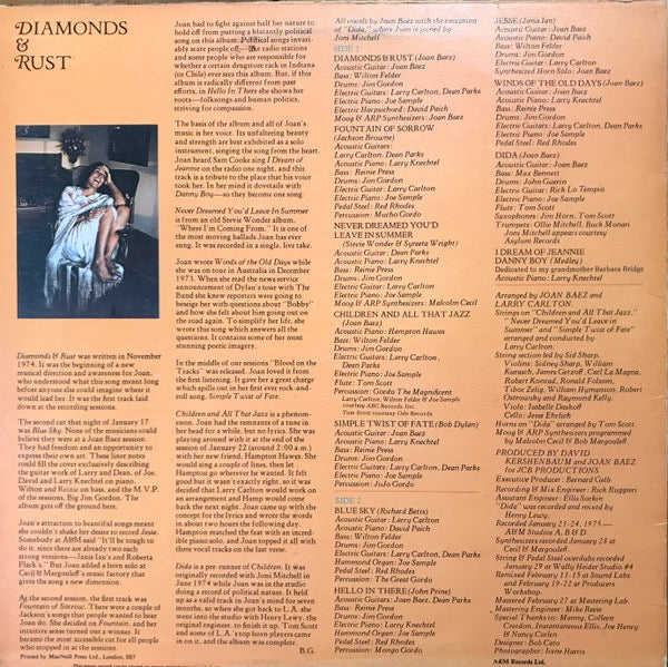 Image of Back Cover of LP - VG/G - JOAN BAEZ, Diamonds & Rust (A&M Records Silver Labels With Extra Line Of Licensing On Lower Label; AMLH 64527, UK 1975, Textured Sleeve, Inner), Light marks only,  - 3916339C