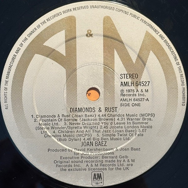 Image of Label Cover of LP - VG/G - JOAN BAEZ, Diamonds & Rust (A&M Records Silver Labels With Extra Line Of Licensing On Lower Label; AMLH 64527, UK 1975, Textured Sleeve, Inner), Light marks only,  - 3916339C