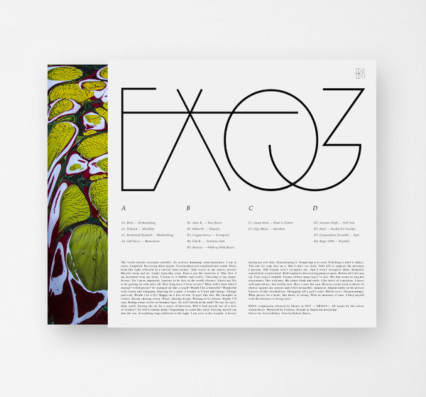 Image of Back Cover of 2xLP - VG+/EX - VARIOUS, EXO3 (Ekster; EKS015, Belgium 2017, Picture Sleeve, 2 Inners, Compilation), Discs seem unplayed. Still in opened shrink, A1. Hiele   BirdwatchingA2. Polysick   MisolidioA3. Rembrandt Redandt   BlankenbergeA4. Soft Focus   MomentumB1. Alo s R.   Twee BerenB2. Milan W.   GlaasjesB3. Fregnacciarius   FerragostoB4. Elko B.   Verletztes RehB5. Hantrax   Walking With RavenC1. Jonny Nash   Head Is ClearerC2. Gigi Masin   StarshineD1. Suzanne Kraft   Still 