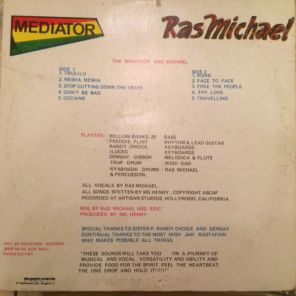 Image of Back Cover of 12"LP - G+/G+ - RAS MICHAEL, Mediator (High Times; , Jamaica 1993), Dull press, light marks, splatter effect; plays through fine. WOL. Original pic sleeve has been made into a die-cut.,  - 3916370C