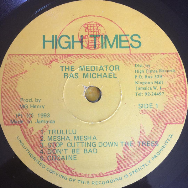 Image of Label Cover of 12"LP - G+/G+ - RAS MICHAEL, Mediator (High Times; , Jamaica 1993), Dull press, light marks, splatter effect; plays through fine. WOL. Original pic sleeve has been made into a die-cut.,  - 3916370C
