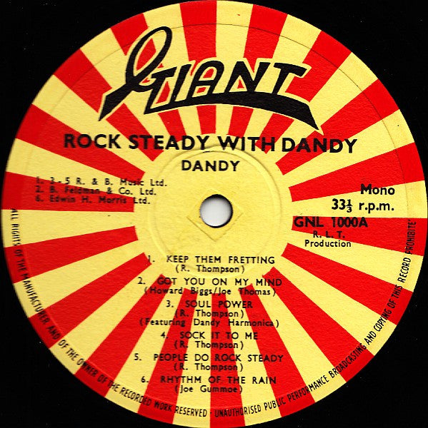 Image of Front Cover of LP - /G+ - DANDY LIVINGSTONE, Rock Steady With Dandy (Giant; GNL 1000, UK 1967, Plain Sleeve, Mono), Covered in marks and scuffs, plays above grade. Clean labels., A1	Keep Them FrettingA2	Got You On My MindA3	Soul PowerA4	Sock It To MeA5	People Do Rock SteadyA6	Rhythm Of The RainB1	Rude With MeB2	Play It CoolB3	Turn Your WheelB4	My Wonderful OneB5	Turn On Your LovelightB6	You're A Scuffler - 3916394C