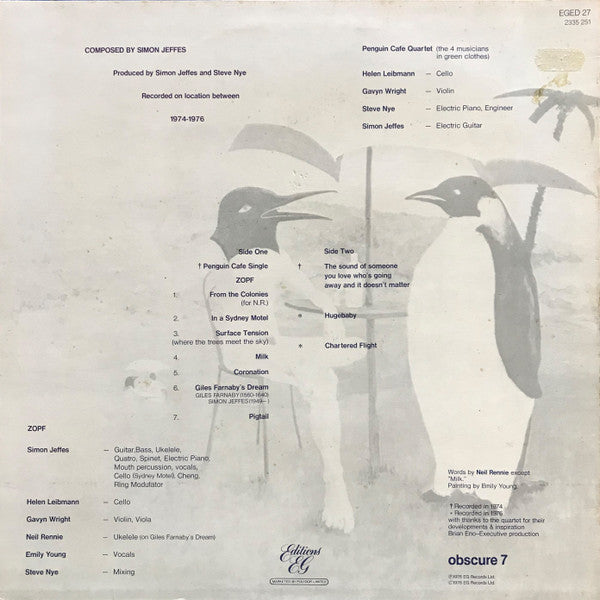 Image of Back Cover of LP - VG/VG+ - SIMON JEFFES - PERFORMED BY MEMBERS OF THE PENGUIN CAFE ORCHESTRA, Music From The Penguin Cafe (Editions EG; EGED 27, UK 1982 Reissue), Light marks only. Ring and edge wear.,  - 3946368S