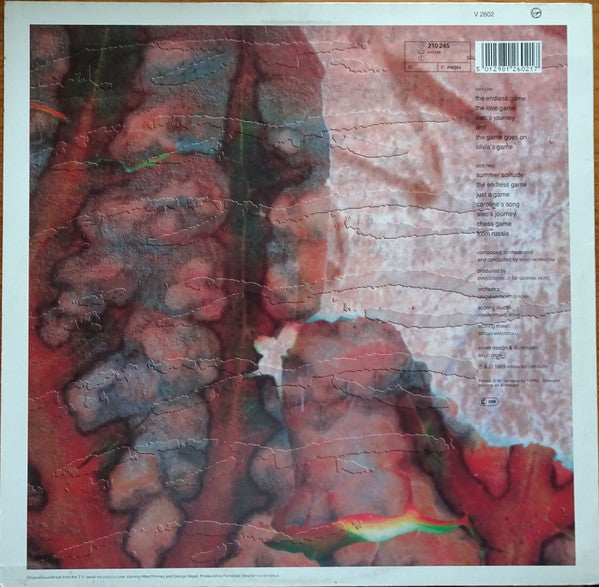 Image of Back Cover of LP - VG/VG - ENNIO MORRICONE, The Endless Game (Original Soundtrack From The T.V. Serial) (Virgin; 210245, Europe 1989), A few light hairlines. Small patch of back sleeve torn off in top right.,  - 3926332E