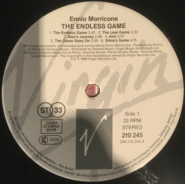 Image of Label Cover of LP - VG/VG - ENNIO MORRICONE, The Endless Game (Original Soundtrack From The T.V. Serial) (Virgin; 210245, Europe 1989), A few light hairlines. Small patch of back sleeve torn off in top right.,  - 3926332E