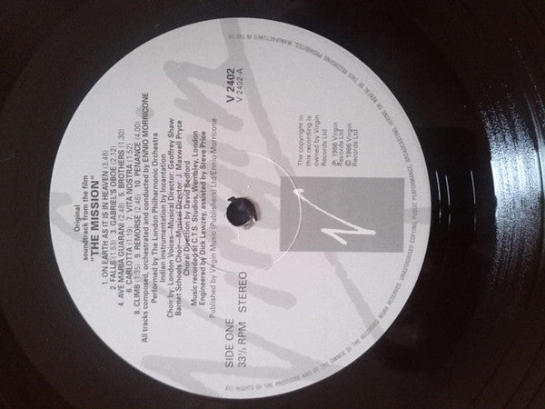 Image of Label Cover of LP - VG+/VG - ENNIO MORRICONE, Original Soundtrack From The Film "The Mission" (Virgin; V 2402, UK 1986, Grey labels), ,  - 3926333E
