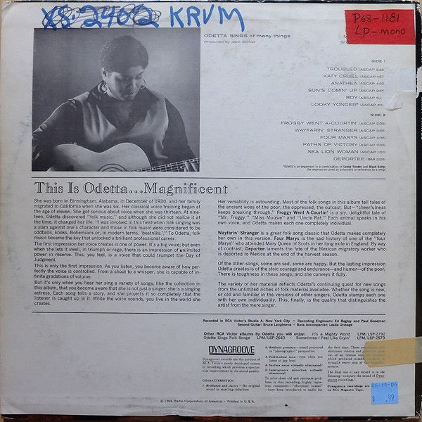 Image of Back Cover of LP - VG/VG - ODETTA, Odetta Sings Of Many Things (RCA Victor Dynagroove Black Labels; LPM-2923, US 1964, Mono), ,  - 3916346C