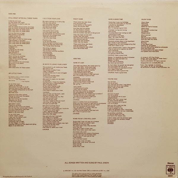 Image of Back Cover of LP - VG/VG+ - PAUL SIMON, Still Crazy After All These Years (CBS Sunburst Labels; S 86001, UK 1975, Embossed Sleeve, Inner, CBS S 86001 Matrices), Light sleeve wear, Clean and glossy disc,  - 3916350C